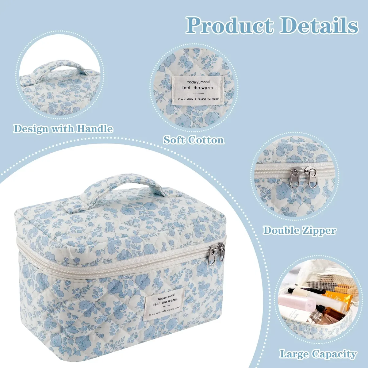 trousse de maquillage matelassurera en coton pour femme, trousse de toilette portable pour fille, sac à main à fermeture éclair pour femme, trousse cosmétique, évaluation, gril, 3 pièces