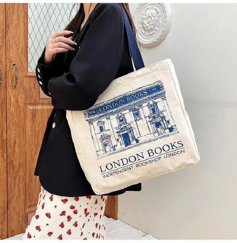 femmes toile sac à bandoulière londres livres imprimer dames sac à main décontracté sac fourre-tout réutilisable grande capacité coton shopping sac de plage