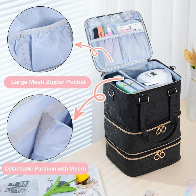 sac organisateur de vernis à ongles à 3 couches, capacité de 60 flacons, en pu imperméable, portable, étui de rangement pour manucure, sac organisateur de maquillage détachable