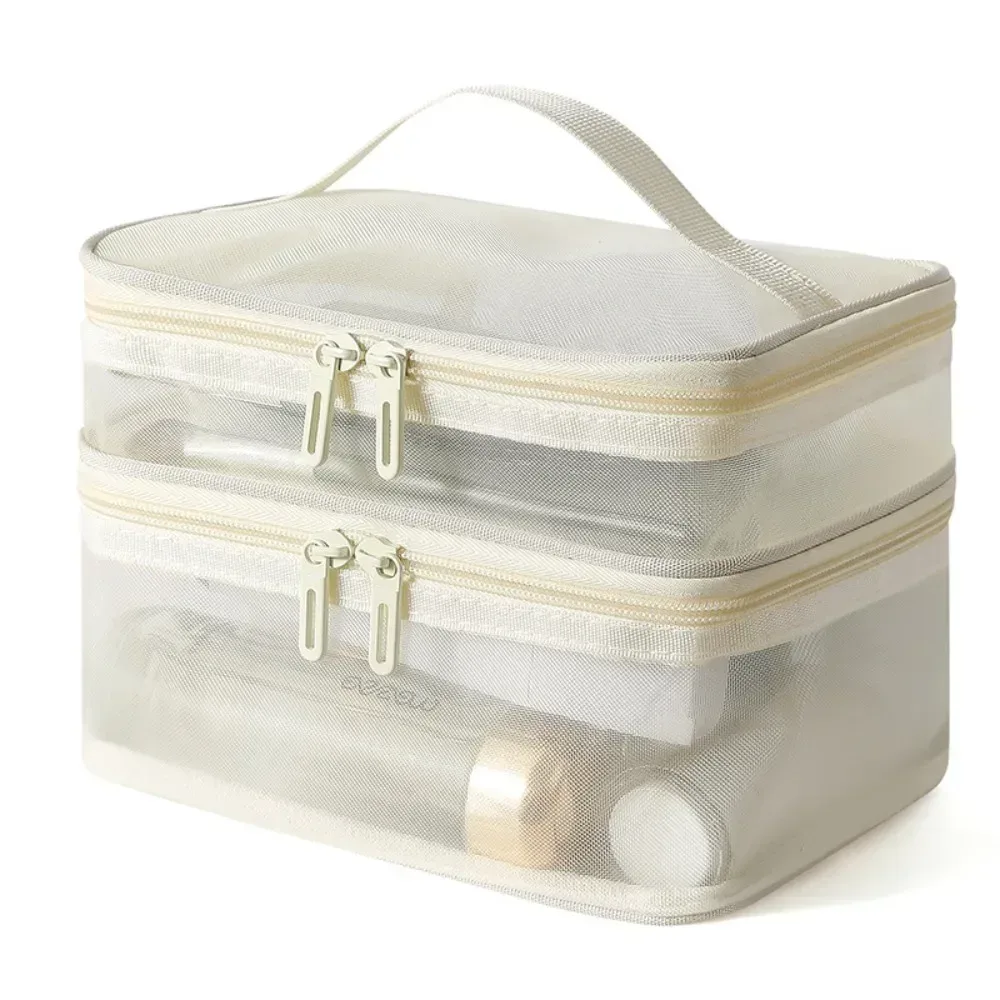 sac de rangement de cosmétiques de voyage à 2 couches, pochette de rangement transparente en maille pliante à fermeture éclair, sac de kit de lavage de maquillage de grande capacité 2025