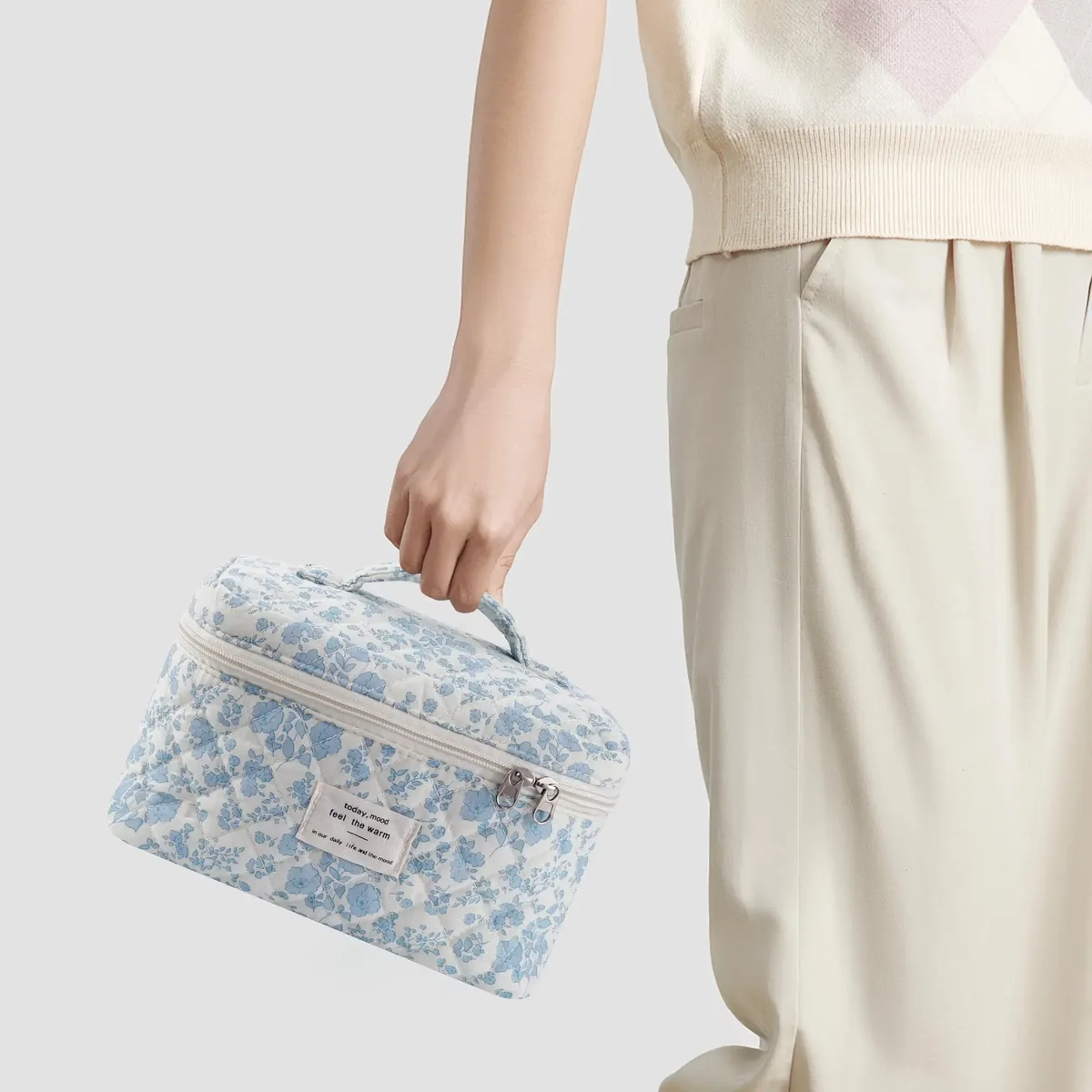 trousse de maquillage matelassurera en coton pour femme, trousse de toilette portable pour fille, sac à main à fermeture éclair pour femme, trousse cosmétique, évaluation, gril, 3 pièces