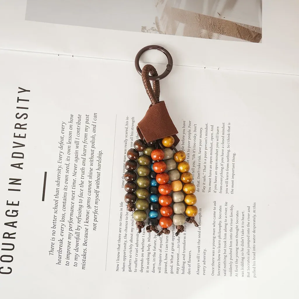 porte-clés vintage exquis en perles de bois naturel, pendentif de sac, breloque ethnique tissée à la main pour clés de maison, sac à dos, cadeau