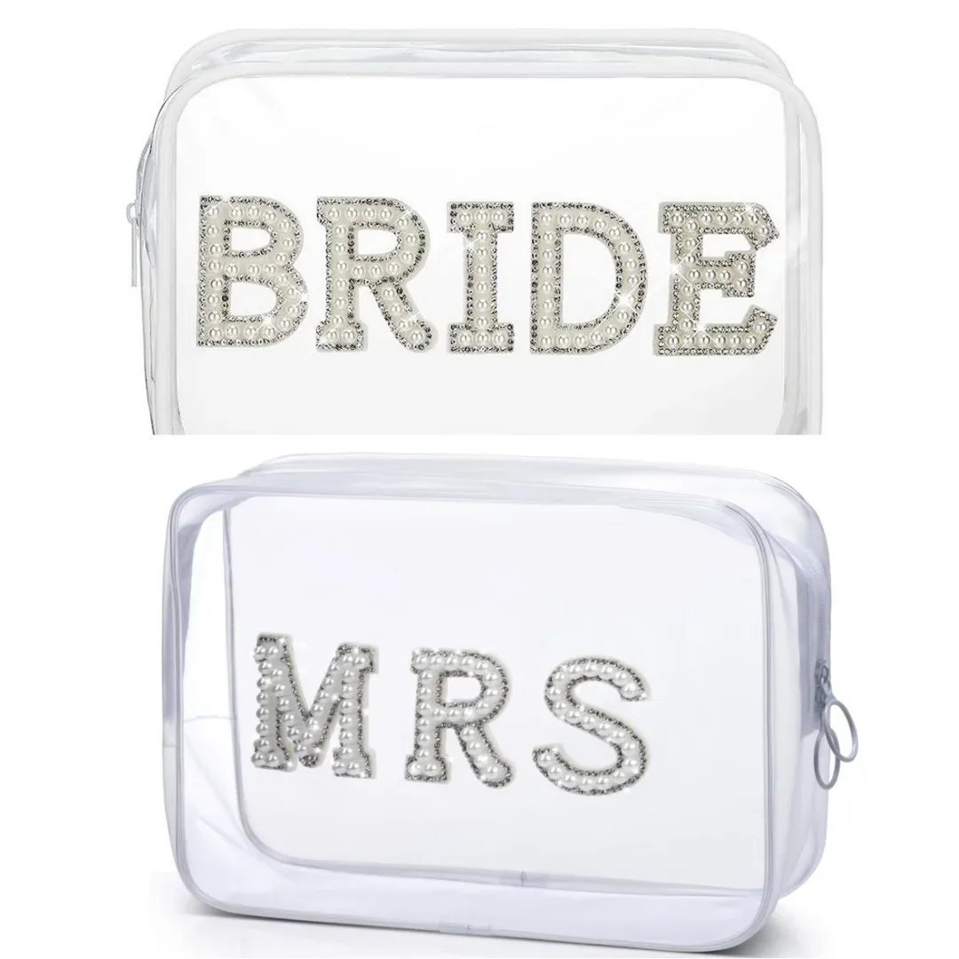 trousse de maquillage transparente pour la mariée, sac cosmétique de fiançailles, cadeaux de douche pour patients, patchs de lettres en biscuits scintillants, voyage en pvc étanche