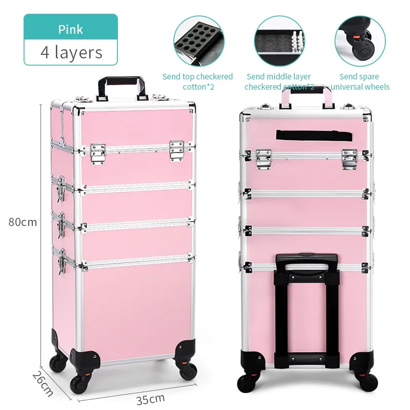 trousse de maquillage professionnelle 4 en 1, étui à cosmétiques roulant en aluminium sur roulettes, organisateur de maquillage d'artiste, rangement avec plateaux