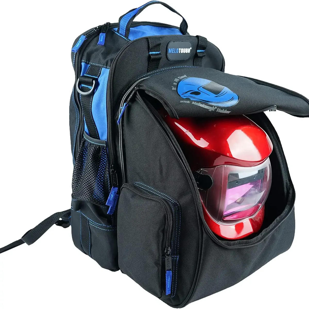 sac à outils pour électricien melotough, sac à dos pour outils de soudage avec support pour casque, sac organisateur d'outils robuste pour électricien, charpentier