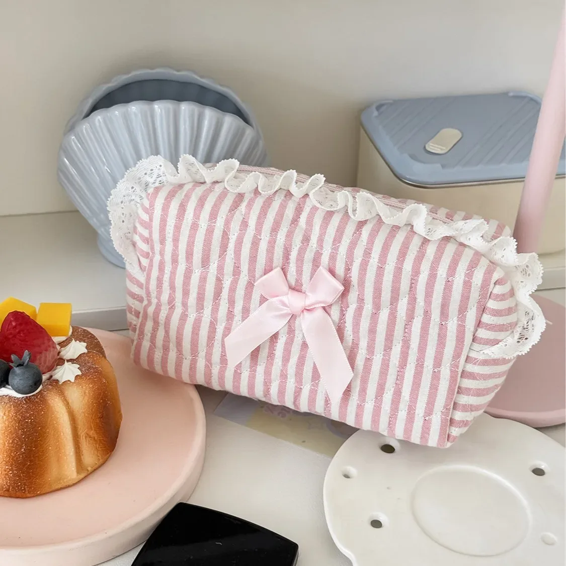 sac à cosmétiques rayé avec nœud rose et bleu, pochette de maquillage en dentelle mignonne, sacs de rangement pour organisateur de cosmétiques pour femmes de grande capacité