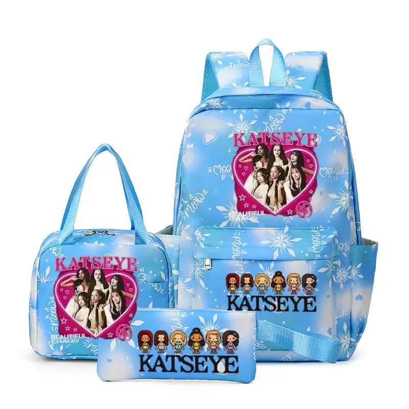 sacs à dos katseye à imprimé amusant, ensemble de 3 pièces, sacs d'école en nylon pour ordinateur portable pour femmes, pour adolescentes, garçons, étudiants, enfants, kawaii