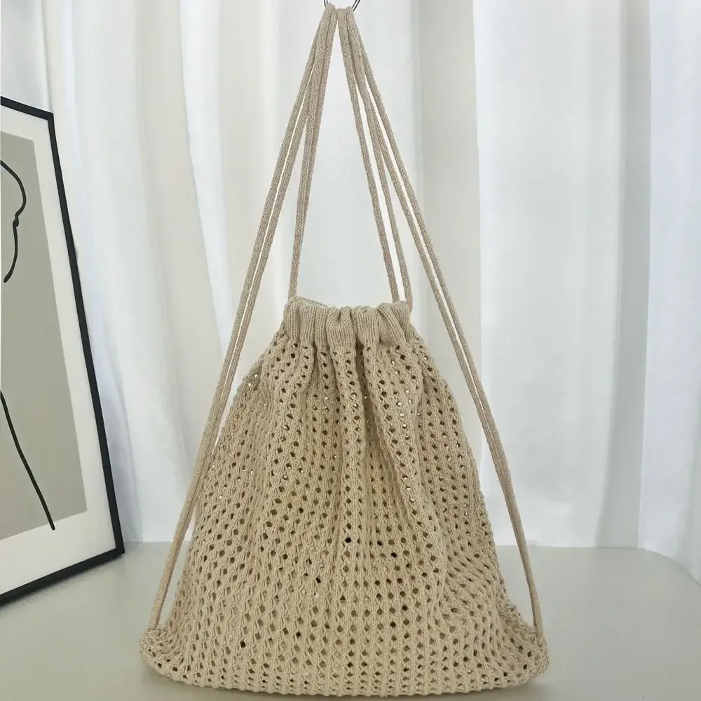 sac à bandoulière en tricot couleur unie grande capacité, sac à dos bohème ajouré au crochet, style décontracté polyvalent
