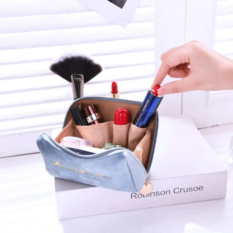 sac à cosmétiques pour femmes, fermeture éclair, lettre en velours brodée, pochette de maquillage solide pour cosmétiques, trousse de toilette, sacs de maquillage féminins