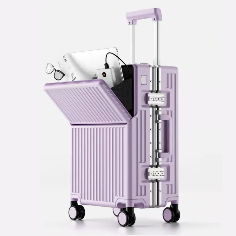 valise à ouverture frontale en matériau pc avec cadre en aluminium, serrure tsa, porte-gobelet, port de charge, bagage à roulettes de voyage 20/24/28/30 pouces
