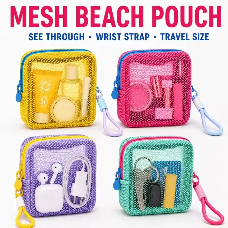 Petite pochette de plage en maille transparente, trousse de toilette avec dragonne amovible, organiseur de voyage pour crème solaire, clés, câbles