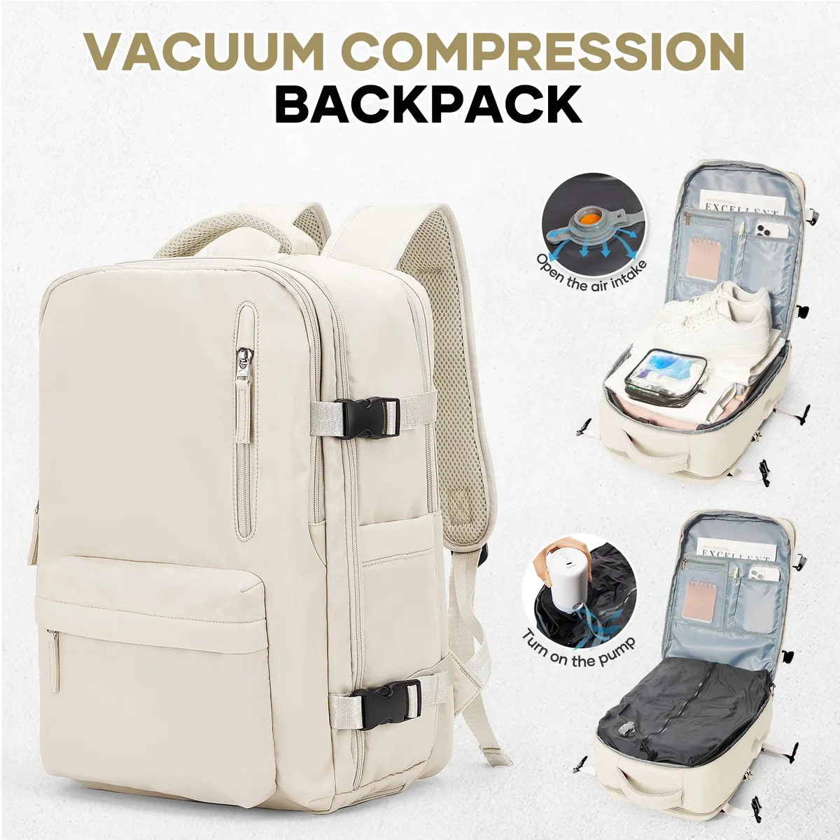 sac à dos de voyage à compression sous vide – sac de randonnée pliable de grande capacité, sac léger pour ordinateur portable, sac à dos essentiel de voyage en plein air