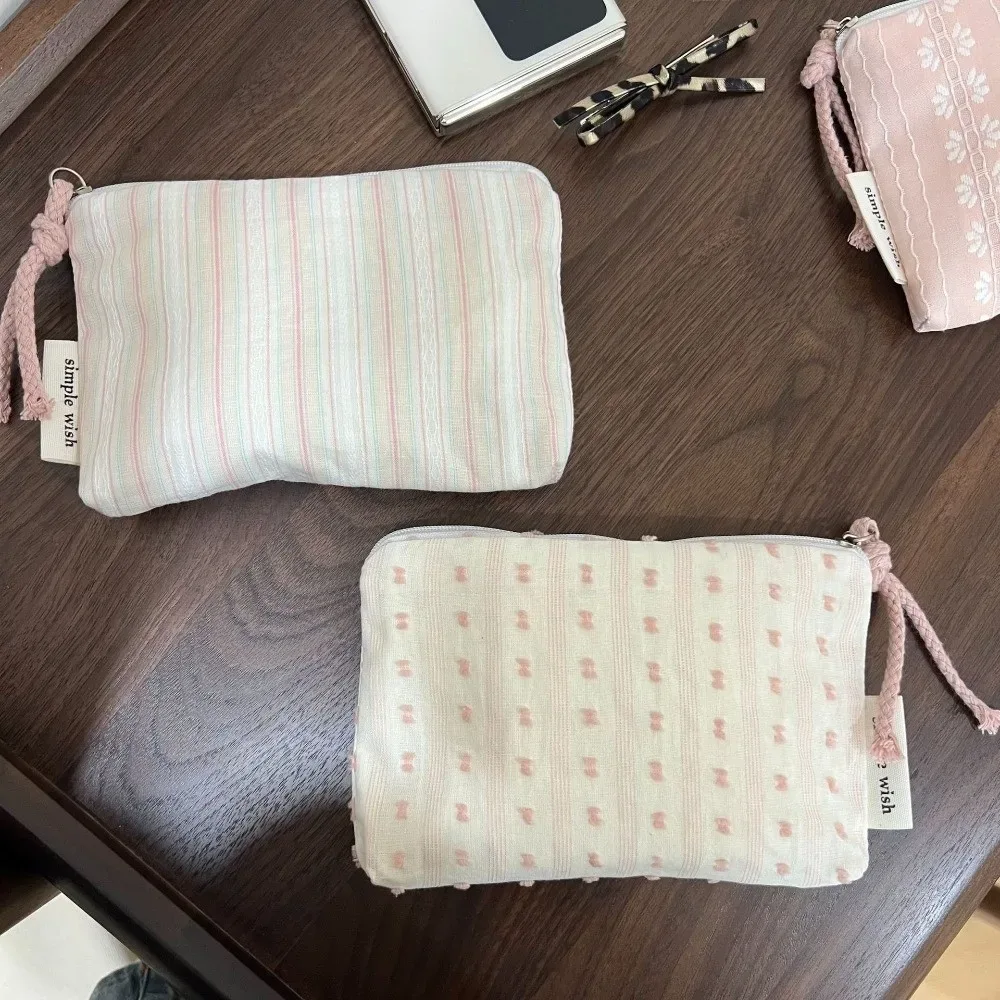 sac de maquillage portable rayé rose pour femmes, sac cosmétique multifonctionnel portable, mini porte-monnaie pour clés, cadeau