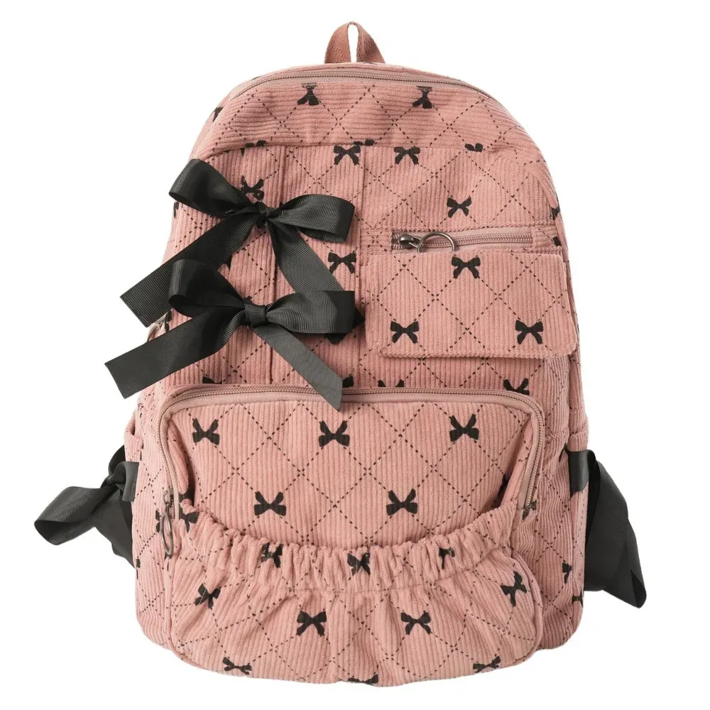 sac à dos scolaire en velours côtelé à nœud, style ins, imprimé nœud, polyvalent, grande capacité, pour étudiants et femmes