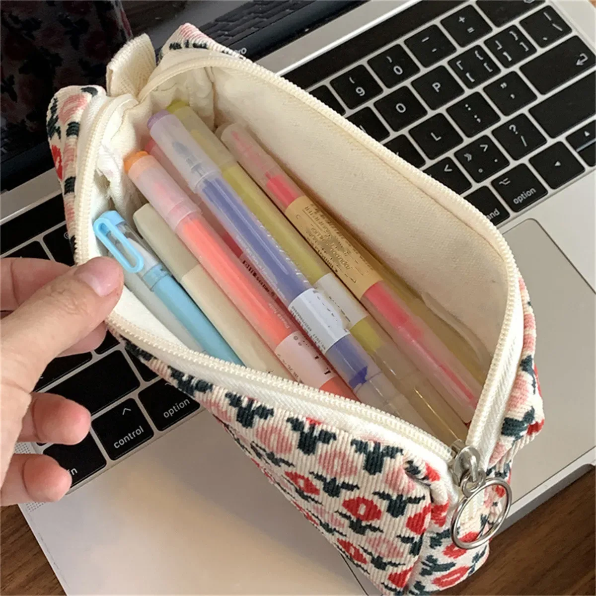 trousse à crayons en velours côtelé, joli sac de rangement portable de voyage pour rouge à lèvres cosmétique, stylo de papeterie, sac de maquillage, organisateur de sac à main