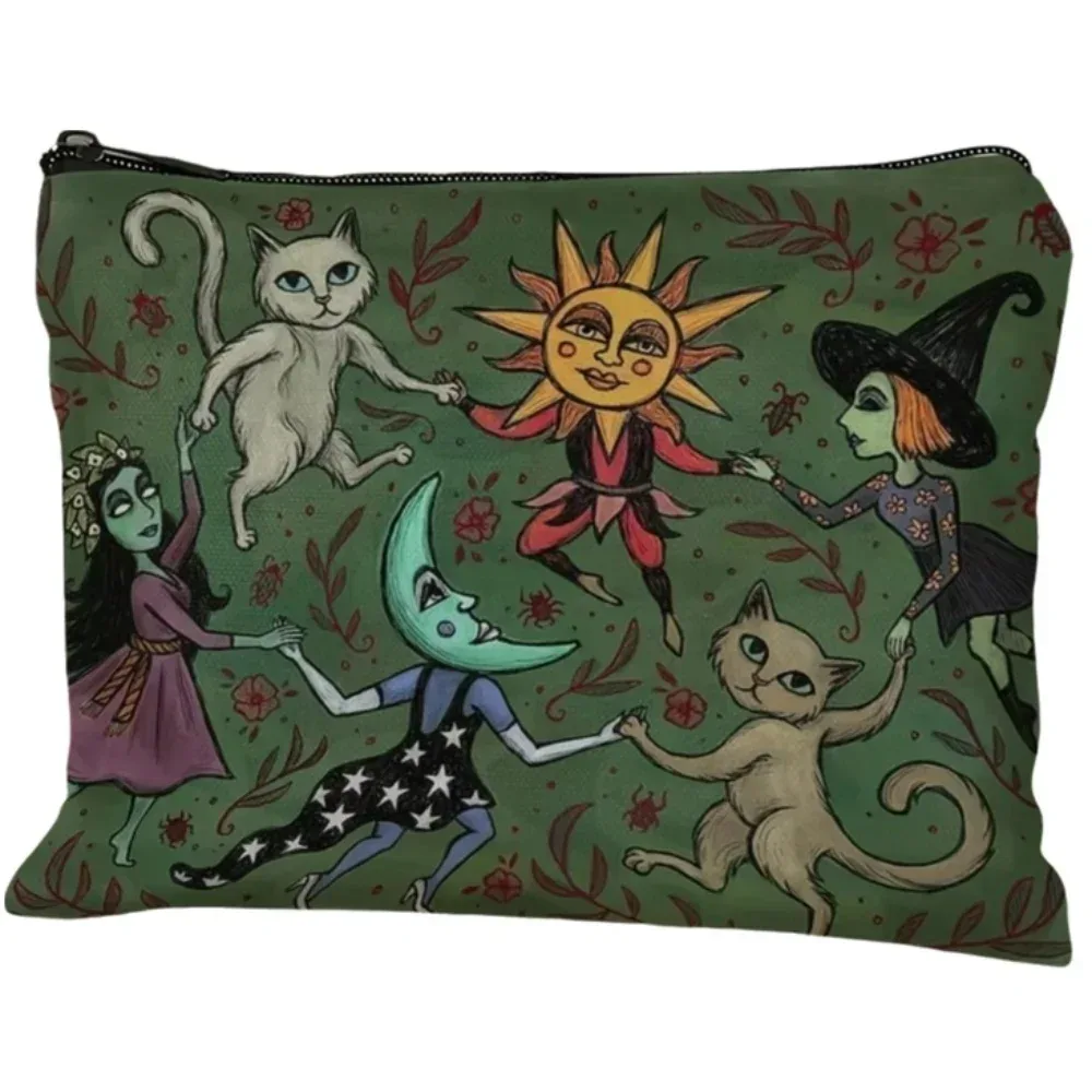 crayons cosmétiques verts, trousse de maquillage pour étudiants, 1 pièce, trousse de maquillage de nuit de forêt, conception fantaisiste de chat et de lune sur l'obscurité