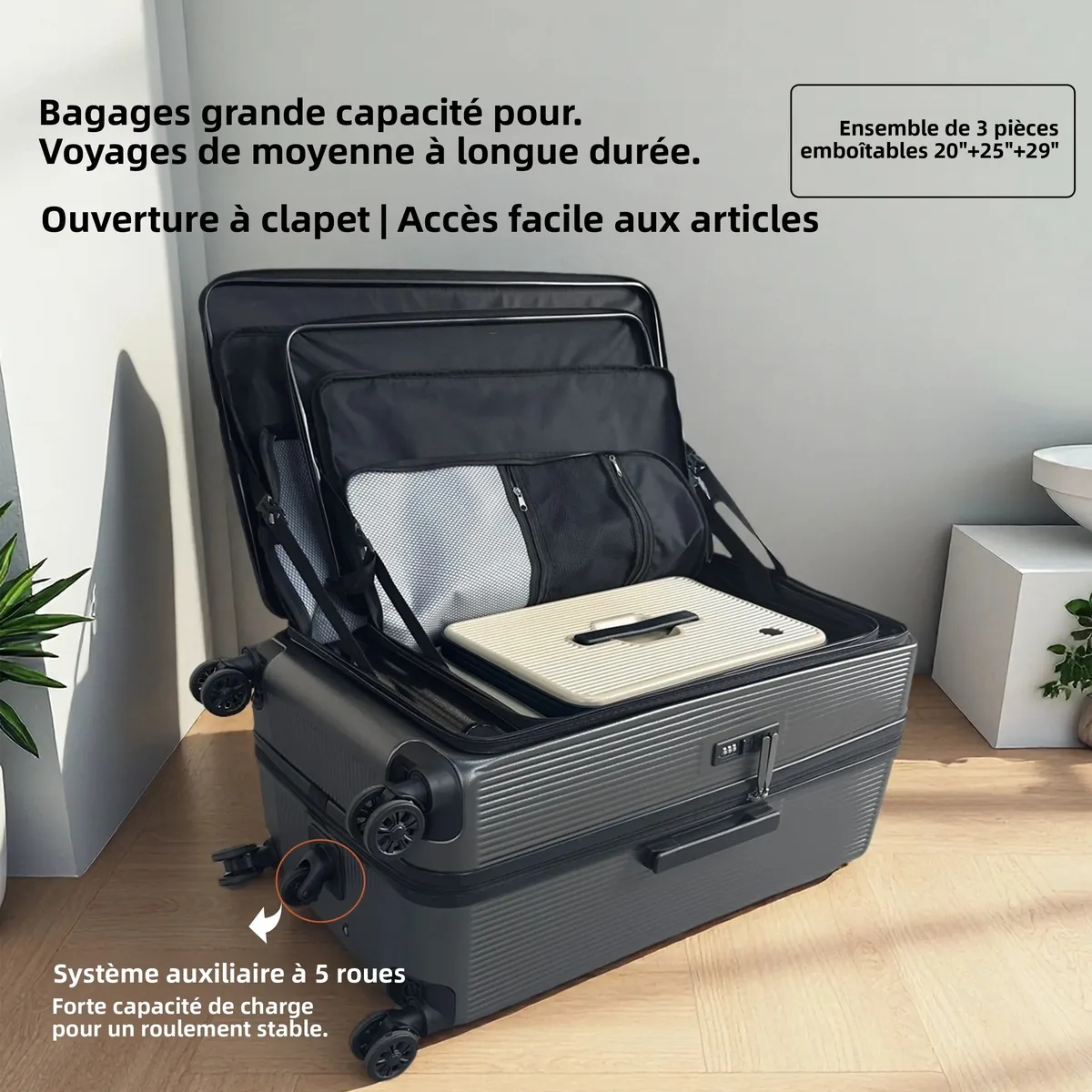 valise premium pure pc à double ouverture 20/25/29 pouces avec serrure tsa, compartiment de rangement 1:9/3:7, valise de voyage à 4/5 roues pivotantes pour toutes les voyages