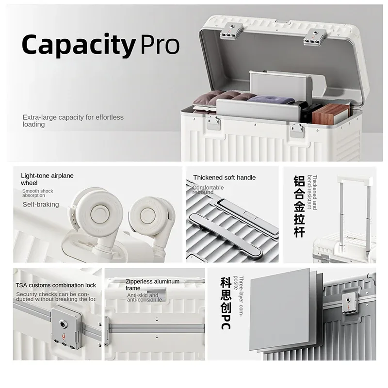 valise cabine en aluminium de 18 pouces, bagage de voyage, valise à roulettes de 20 pouces avec serrure à code, coffret de maquillage, boîte de rangement.