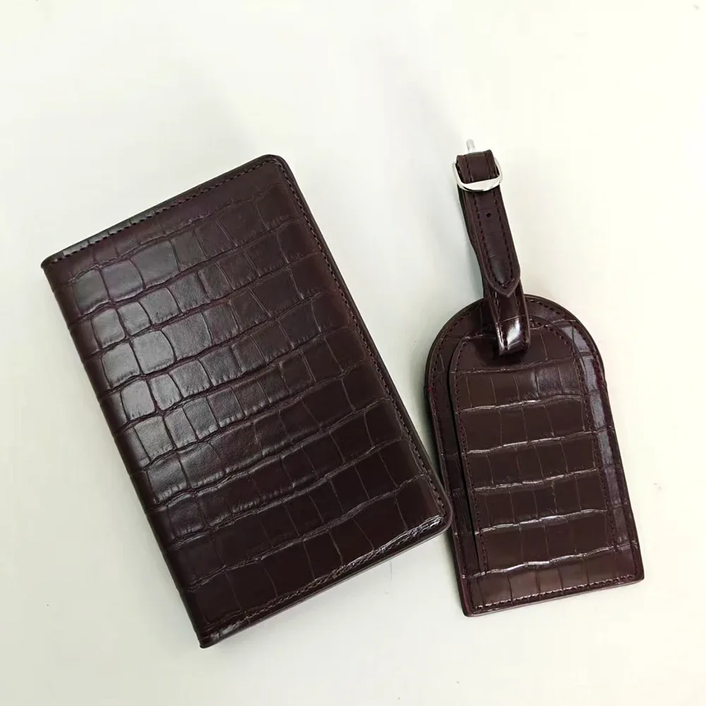 ensemble de porte-passeport et étiquette de bagage en cuir pu, motif crocodile, personnalisable avec lettre, accessoires de voyage de luxe