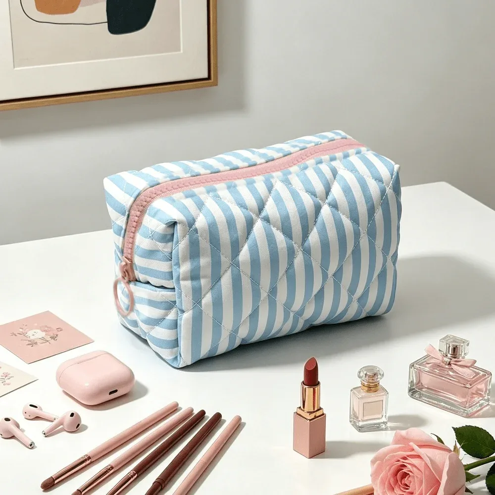 pochette de maquillage matelassée à rayures bleues, organiseur de cosmétiques élégant pour femmes, grande capacité, légère, trousse de toilette de voyage