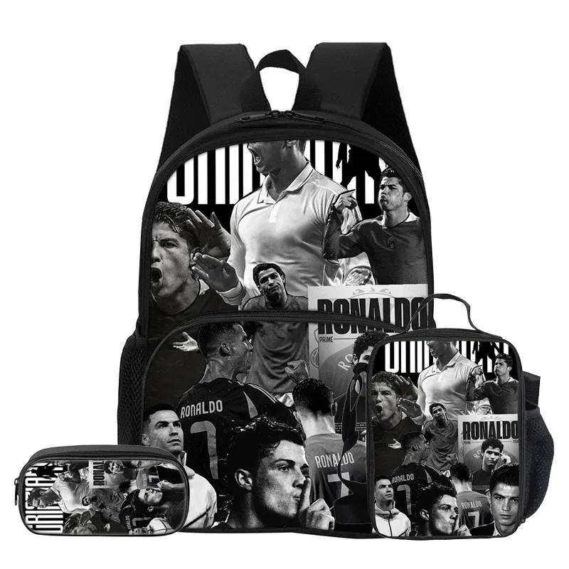ensemble de 3 pièces avec sac à dos à poche avant ronaldo, sac isotherme pour le déjeuner, trousse à crayons cr, sac à dos de star du football