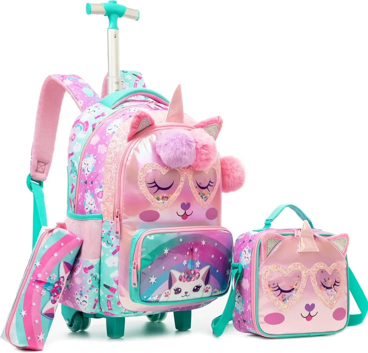 sac à dos roulant pour filles, valise de voyage pour enfants avec roulettes, bagage à main avec animaux mignons pour élèves du primaire, sac à roulettes pour enfants