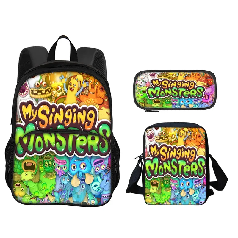 sac à dos my singing monsters, sac à stylos, sac à bandoulière, ensemble de 3 pièces imprimé pour garçons et filles de maternelle et d'école primaire