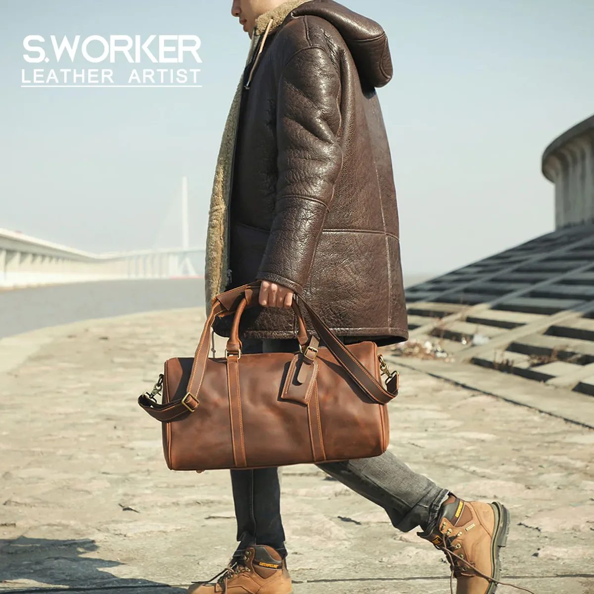 sac de voyage en cuir pleine fleur s.worker, grande capacité, sac de week-end, sac de sport en cuir véritable pour hommes