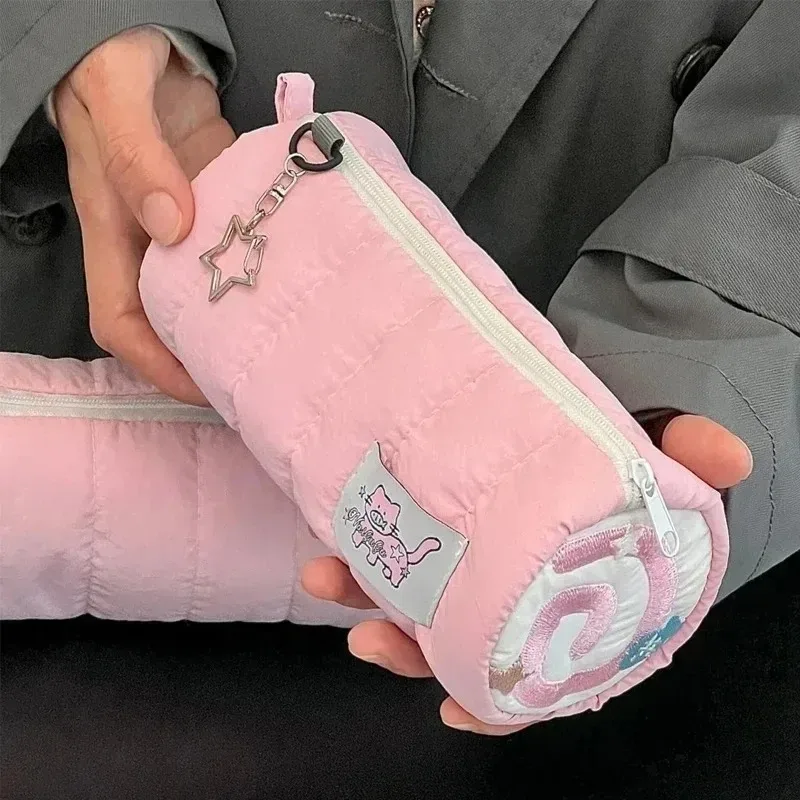 trousse à crayons en rouleau de serviette rose, sac de rangement pour stylos souples kawaii, pochette à cosmétiques, dessin animé, grande capacité, papeterie fournitures scolaires pour étudiants