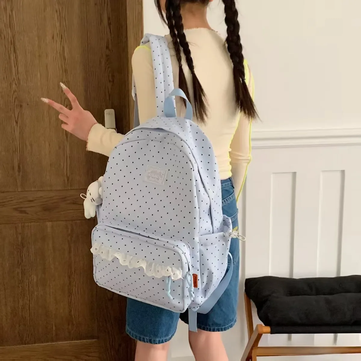 sac à dos coréen style collège à pois, esthétique, pour collège, voyage, double bandoulière, style ballet doux, petit sac à dos pour fille