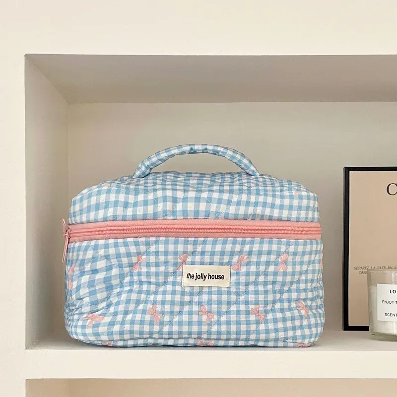 trousse de maquillage matelassée à carreaux avec nœud, grande capacité, pour pinceaux et soins de la peau, sac de voyage cosmétique