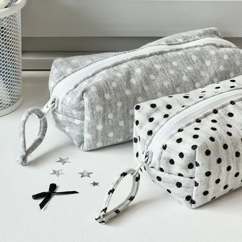 Trousse de Maquillage de Voyage pour Femmes, Étui Cosmétique Grande Capacité, Trousse à Crayons pour Étudiants, Pochette au Style Coréen Minimaliste à Pois
