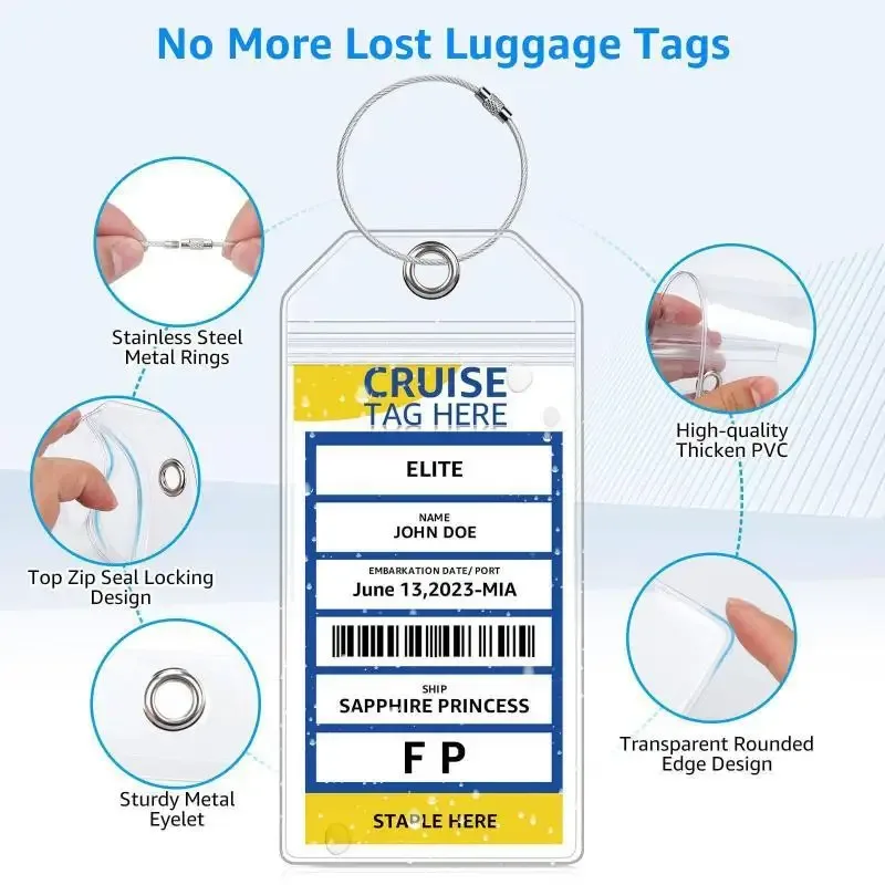 étiquette de bagage multifonctionnelle pour bateau de croisière, boucles en fil d'acier, porte-carte d'identité vertical en pvc transparent, étanche, étiquette de voyage, 5 pièces