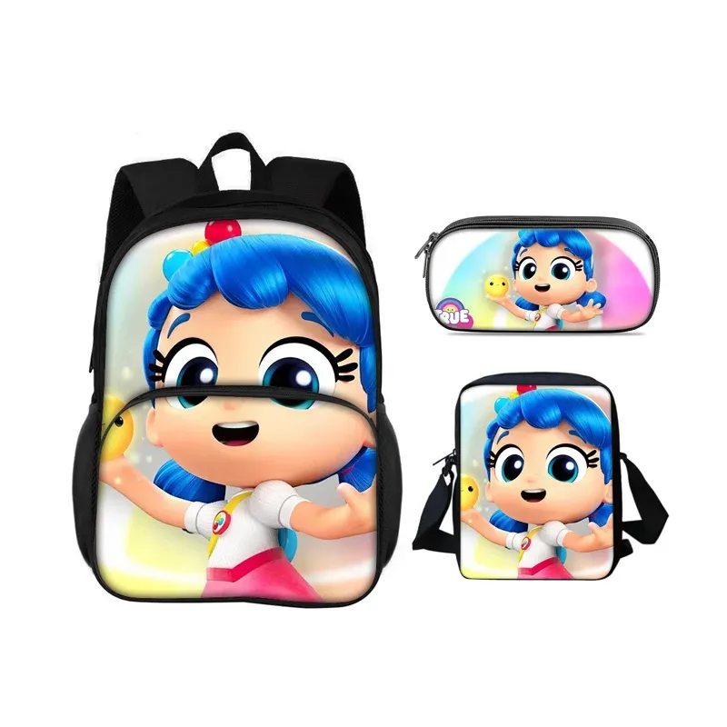 sac à dos true and the rainbow kingdom avec patch rond, trousse à crayons, sac à bandoulière, ensemble de 3 pièces, imprimé dessin animé, sac à dos pour élèves de maternelle