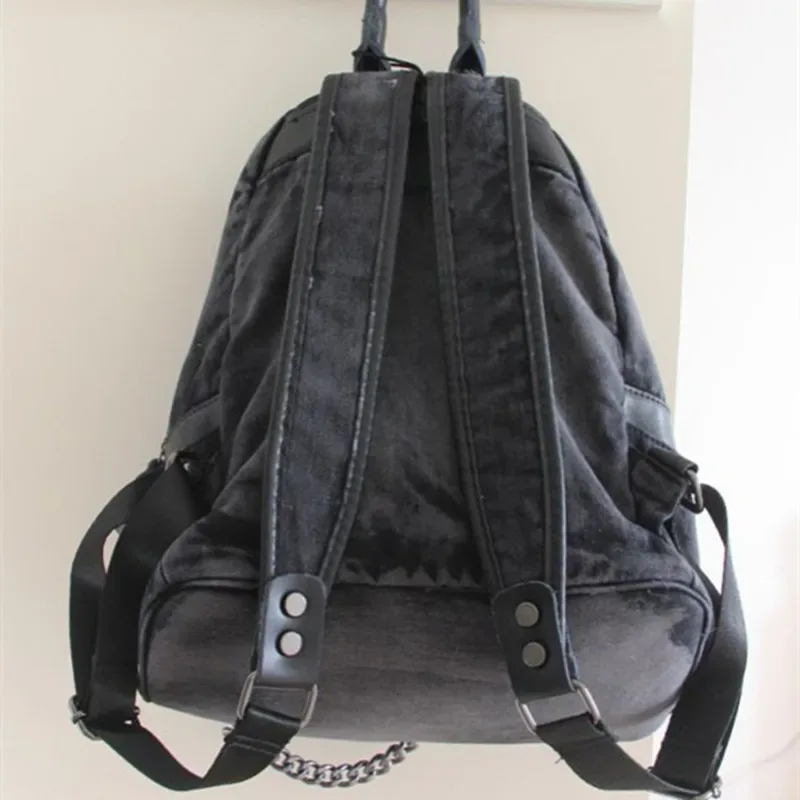 sac à dos en denim steampunk pour femmes, nouvelle mode, grande capacité, chaîne à rivets, sac à bandoulière, sac en toile de grande capacité
