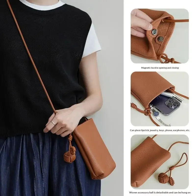 Sac bandoulière pour téléphone portable femme en cuir PU souple, mignon, style littéraire, mini, petit, avec pendentif boule ronde