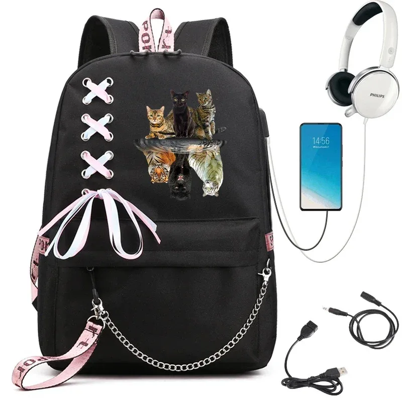 sac à dos imprimé chat kawaii pour femme, sac à dos scolaire noir, sac à dos pour adolescente, sac à dos mochila usb, mode