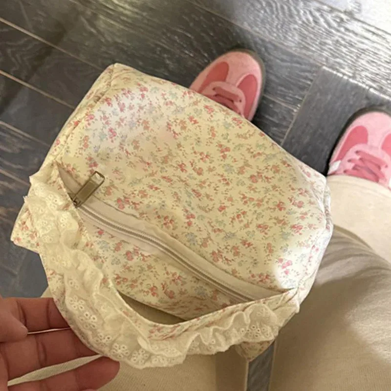 sac de maquillage portable à imprimé floral mignon, petit format, grande capacité, sac de toilette de voyage