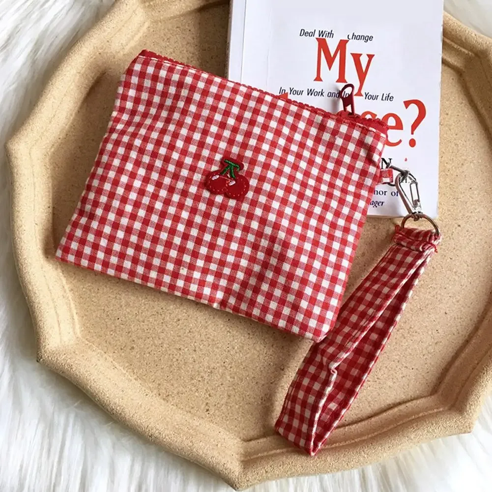 trousse de maquillage en toile imprimée cerise, joli organisateur de rouge à lèvres avec fermeture à glissière, pochette cosmétique légère et portable pour femmes et filles