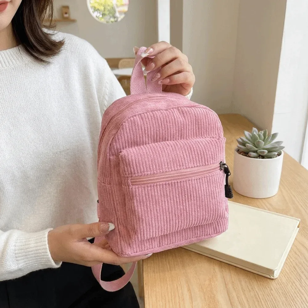 mini sac à dos polyvalent en velours côtelé de couleur unie, léger, avec fermeture éclair, double bandoulière, portable, multi-poches, sac à dos de jour, décontracté, pour voyage