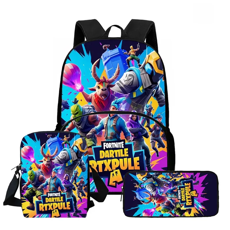 ensemble de 3 sacs à dos fortnite cartoon unisexe pour garçons et filles, sac à dos avec poche avant, sac bandoulière et trousse à crayons, meilleur cadeau
