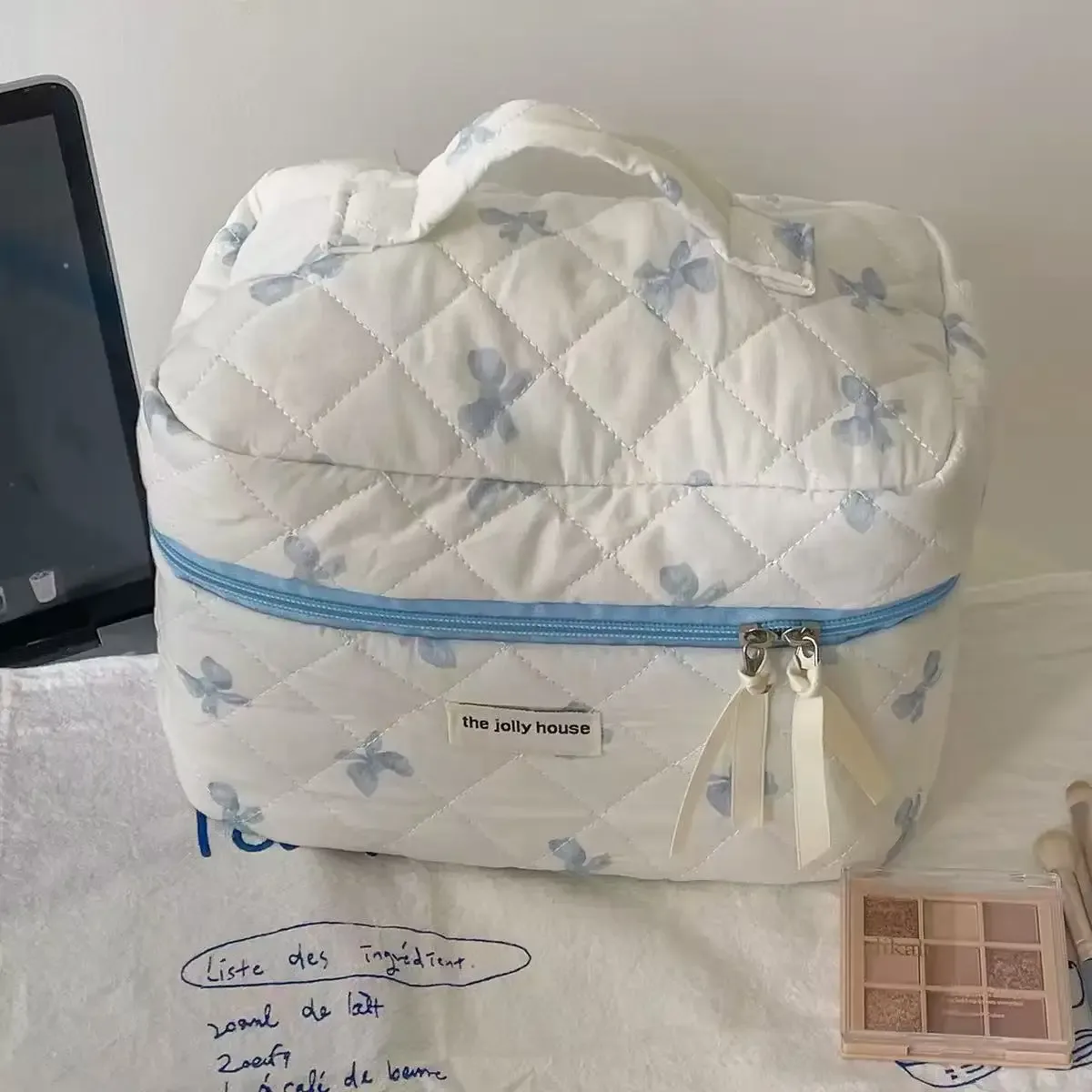 trousse de maquillage grande capacité avec imprimé nœud, sac de rangement pour cosmétiques et articles divers, organiseur de voyage pour articles de toilette, pochette neceser, trousse à maquillage