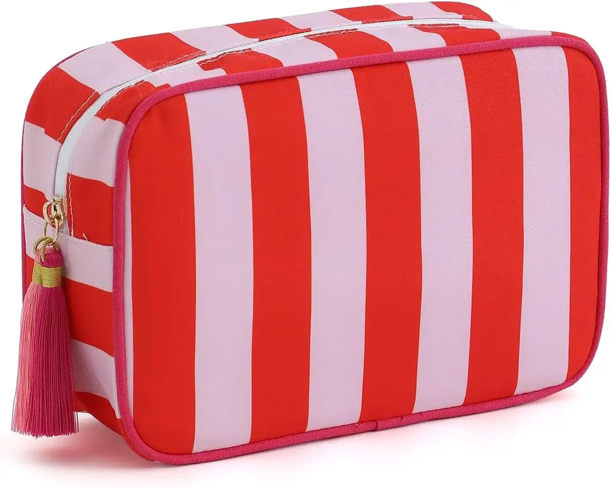 grande trousse de maquillage portable rayée pour femmes, avec fermeture éclair et pompon, grande capacité, sac fourre-tout décontracté avec fermeture éclair