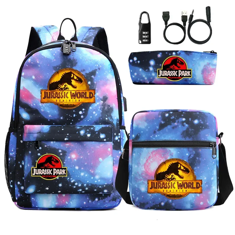 dinosaure jurassic park world 3 pièces usb antivol serrure garçon fille enfants école livre sacs voyage sac à dos sac à bandoulière stylo sac