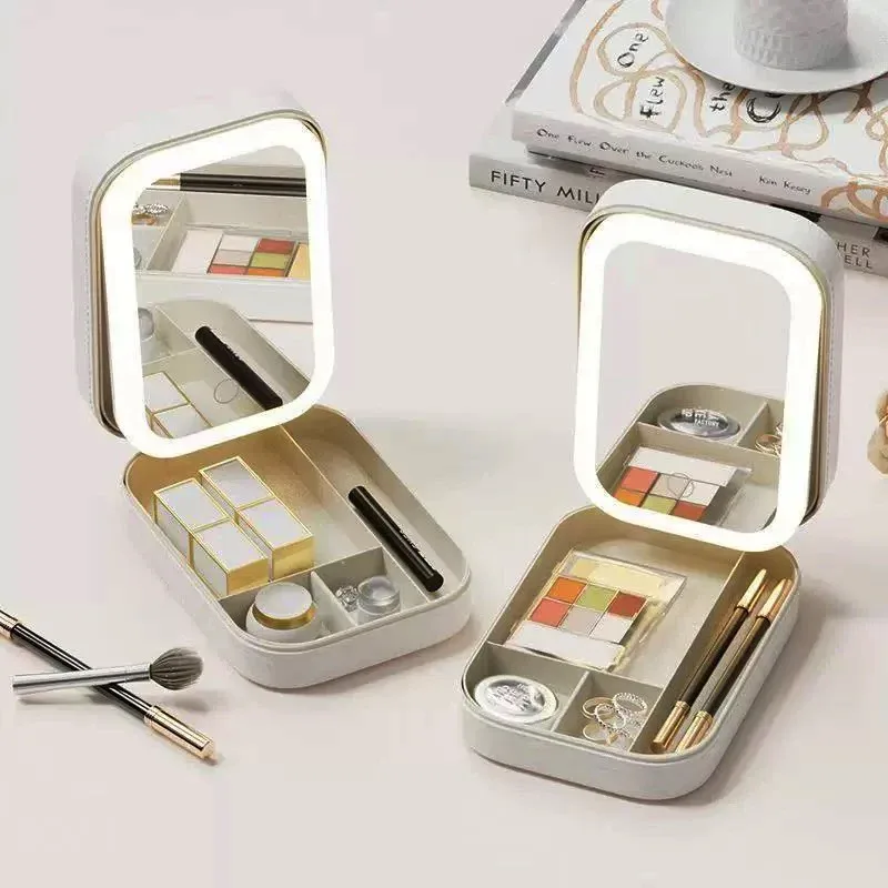 trousse de maquillage intelligente led avec miroir pour femmes, petit sac de maquillage mignon, brosse à rouge à lèvres, esthéticienne féminine, produit de soins de la peau, boîte à cosmétiques