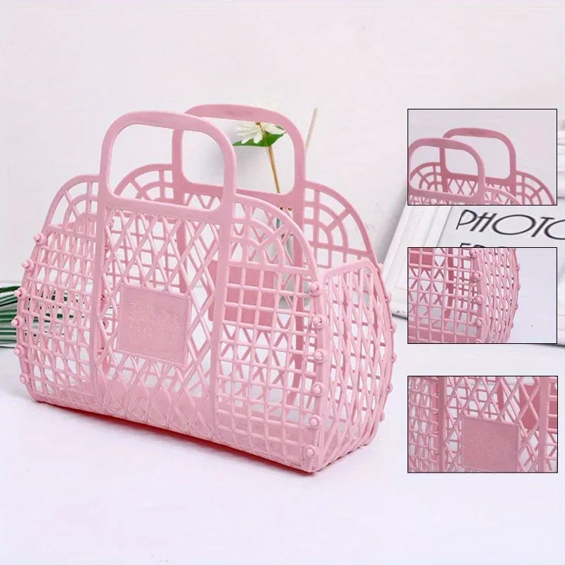 sac de panier de rangement en plastique pliable, organisateur de cosmétiques de voyage ouvert décontracté avec conception à double poignées, sac de plage pour lavage des mains