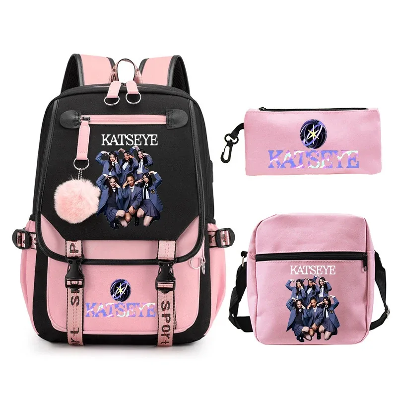 sac à dos imprimé katseye kpop pour adolescentes, ensemble de trousses à crayons, sac à dos d'école pour étudiantes, mochila de voyage pour femmes, 3 pièces