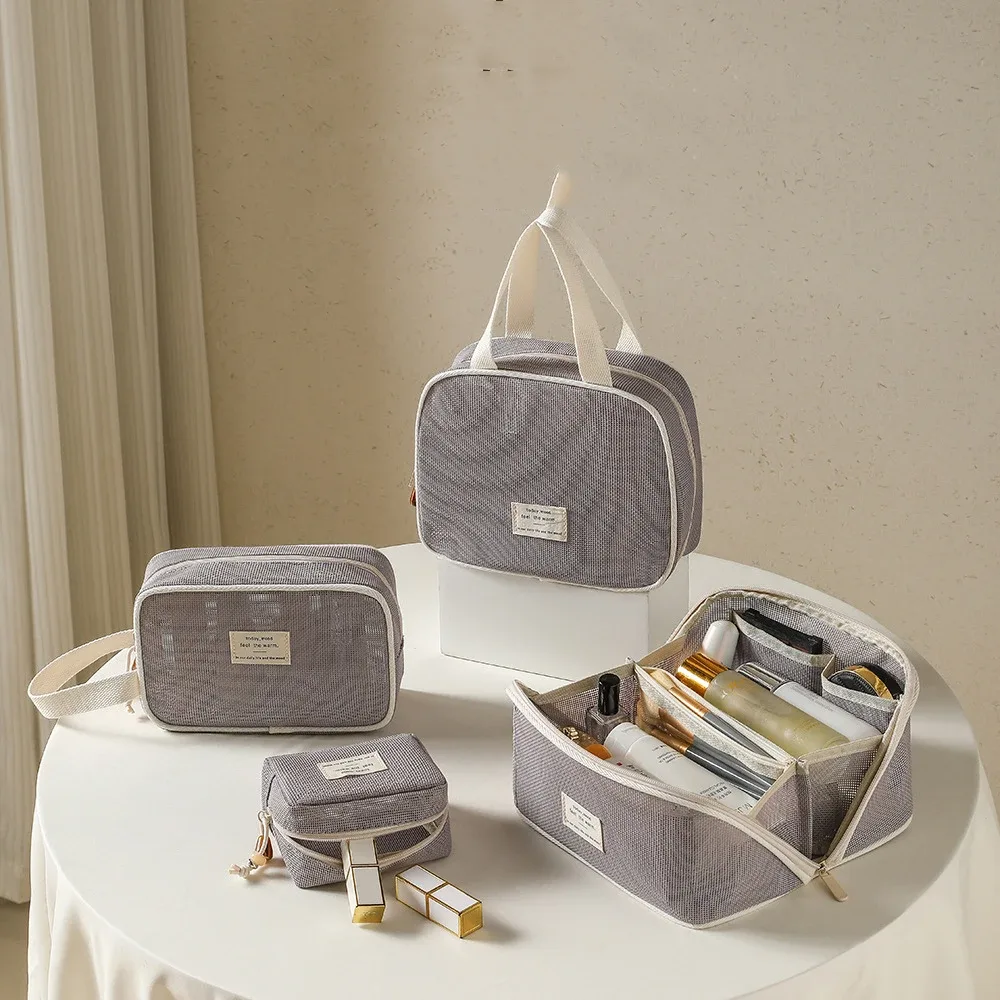 Sac de rangement de maquillage fourre-tout transparent en maille, sac de toilette d'oreiller, sac de toilette cosmétique, pochette de rangement Portable de grande capacité pour femmes, pochette