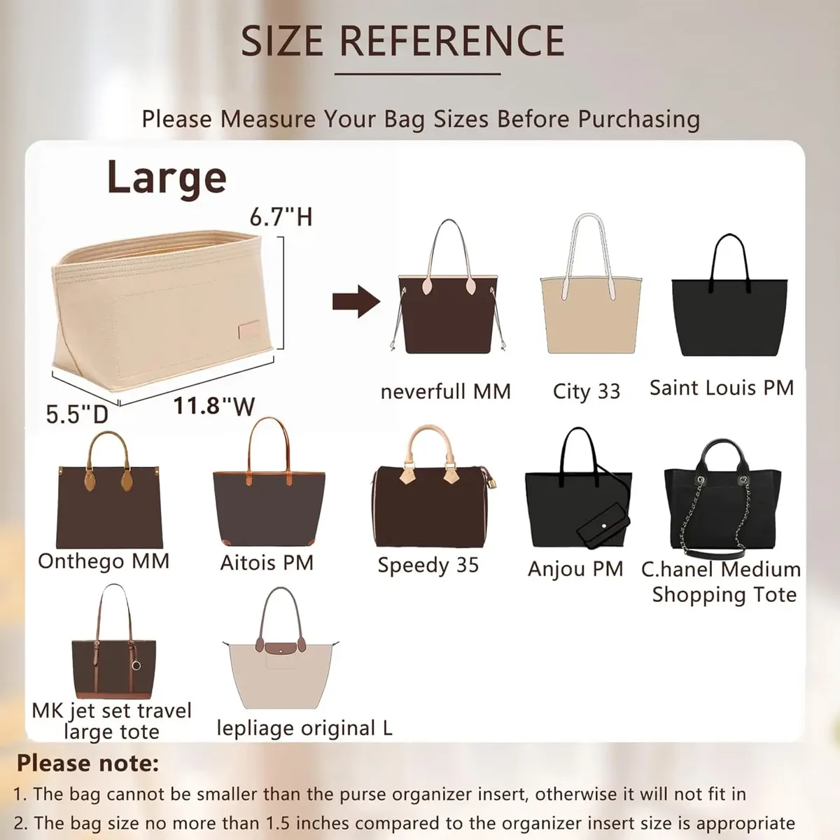 ensemble de 2 pièces d'insertion d'organisateur de sac à main pour sacs à main, organisateur de sac en feutre pour fourre-tout et sac à main, insert d'organisateur de sac fourre-tout, pour lv neverfull