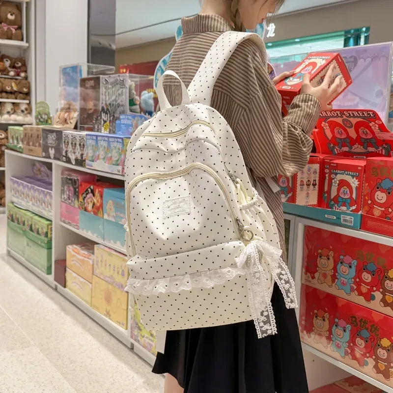 sac à dos scolaire en nylon de grande capacité, style coréen, orné de dentelle à pois et d'un joli nœud décoratif, idéal pour les filles, pour les voyages quotidiens.